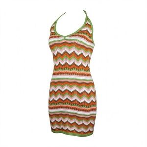 J.NNA Orange Green Pink Chevron Knit Halter Mini Dress NWT Medium